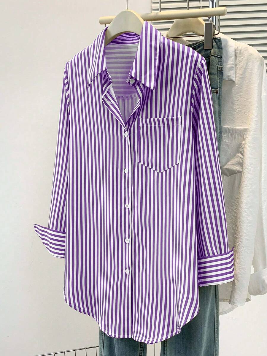 Women's Casual Basic Striped Pointed Collar Long Sleeve Shirt Blouse With Button Pockets, Suitable For Daily Office Wear, Autumn/Winter/Spring
