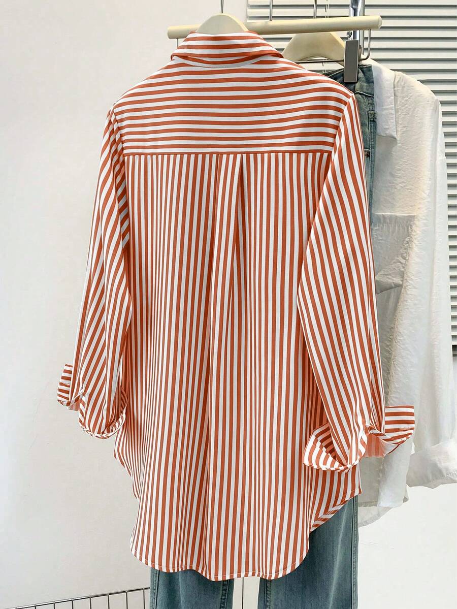 Women's Casual Basic Striped Pointed Collar Long Sleeve Shirt Blouse With Button Pockets, Suitable For Daily Office Wear, Autumn/Winter/Spring