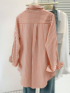 Women's Casual Basic Striped Pointed Collar Long Sleeve Shirt Blouse With Button Pockets, Suitable For Daily Office Wear, Autumn/Winter/Spring