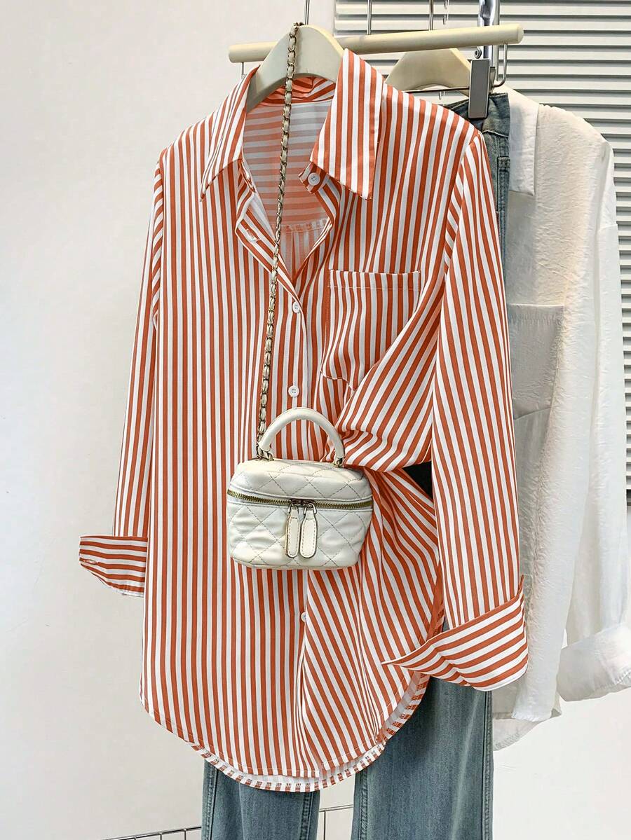 Women's Casual Basic Striped Pointed Collar Long Sleeve Shirt Blouse With Button Pockets, Suitable For Daily Office Wear, Autumn/Winter/Spring