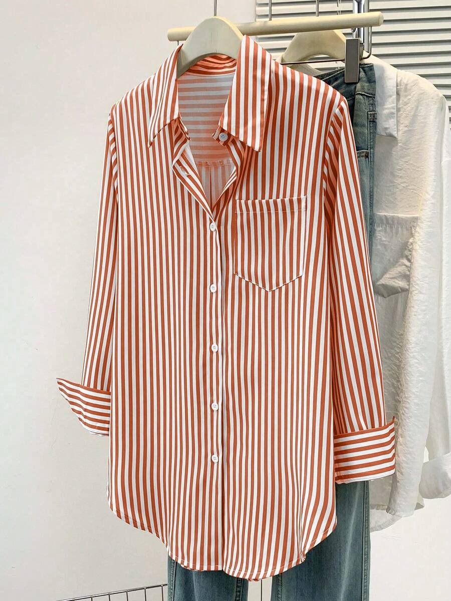 Women's Casual Basic Striped Pointed Collar Long Sleeve Shirt Blouse With Button Pockets, Suitable For Daily Office Wear, Autumn/Winter/Spring