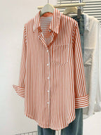 Women's Casual Basic Striped Pointed Collar Long Sleeve Shirt Blouse With Button Pockets, Suitable For Daily Office Wear, Autumn/Winter/Spring