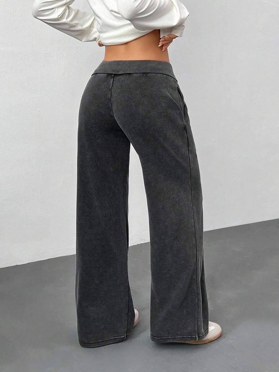 SHEIN PETITE Comfortable And Casual Plain Knitted Low-Rise Wide-Leg Women's Sweatpants Baggy