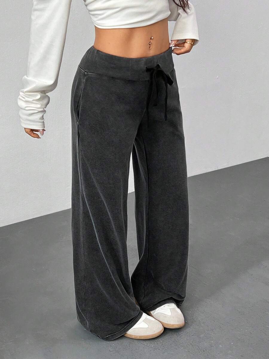 SHEIN PETITE Comfortable And Casual Plain Knitted Low-Rise Wide-Leg Women's Sweatpants Baggy