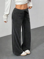 SHEIN PETITE Comfortable And Casual Plain Knitted Low-Rise Wide-Leg Women's Sweatpants Baggy