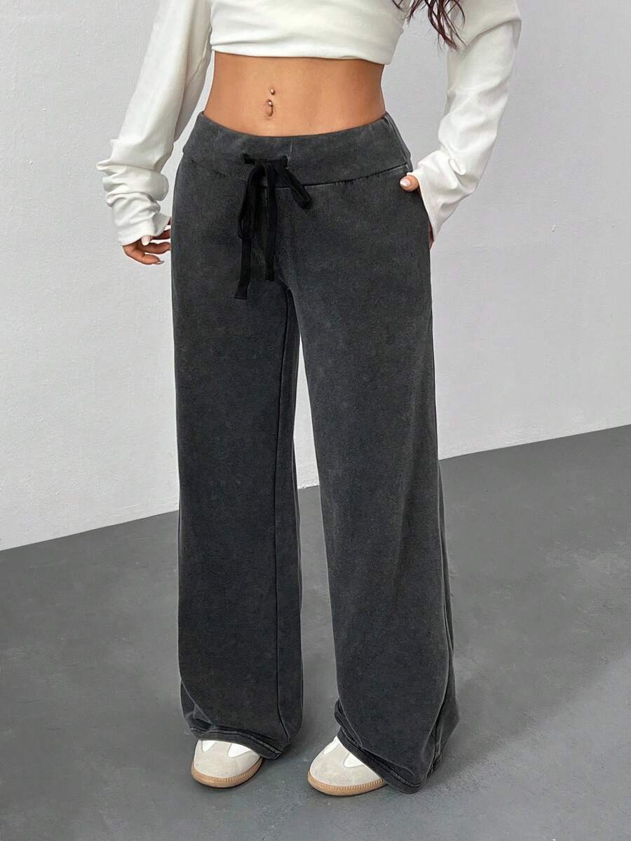 SHEIN PETITE Comfortable And Casual Plain Knitted Low-Rise Wide-Leg Women's Sweatpants Baggy