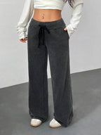 SHEIN PETITE Comfortable And Casual Plain Knitted Low-Rise Wide-Leg Women's Sweatpants Baggy