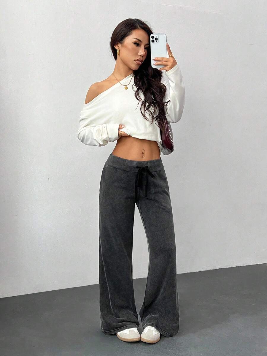 SHEIN PETITE Comfortable And Casual Plain Knitted Low-Rise Wide-Leg Women's Sweatpants Baggy