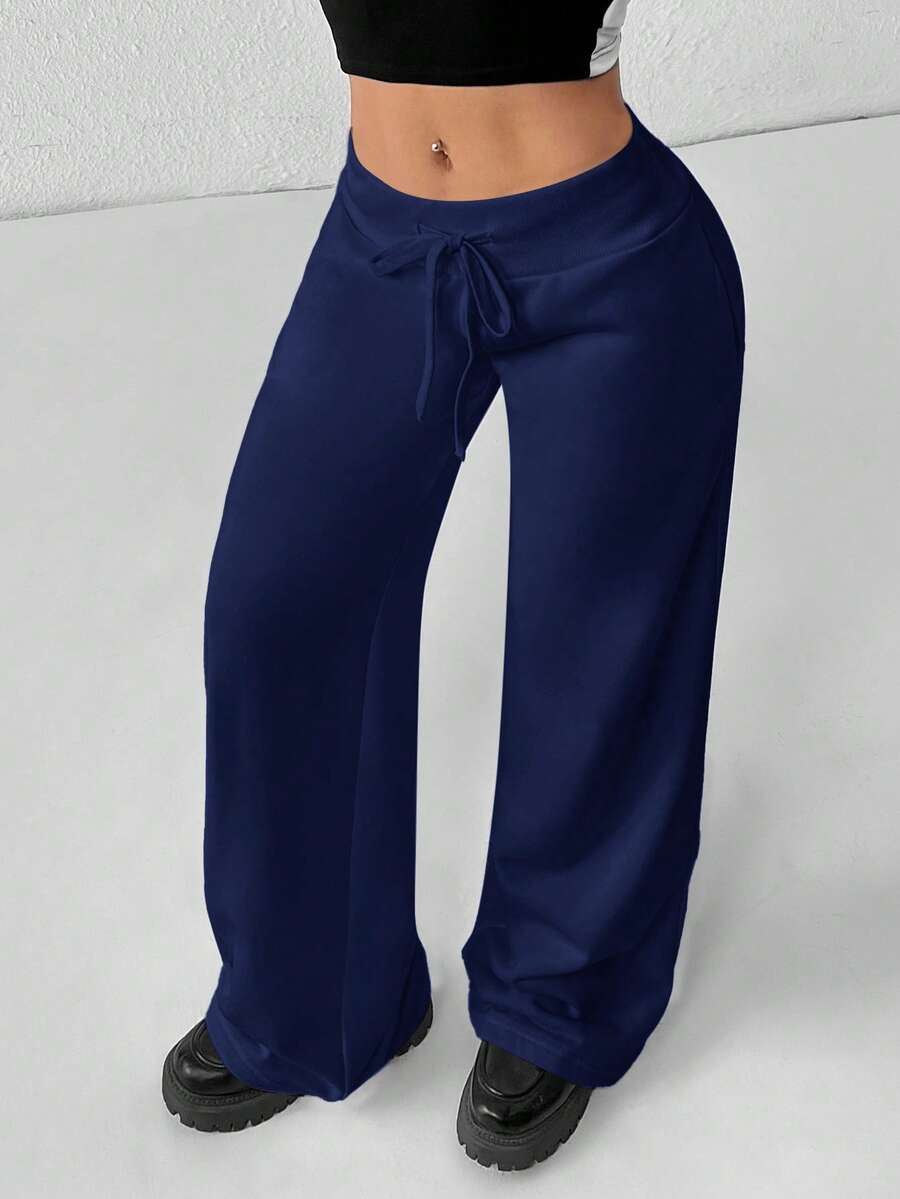 SHEIN PETITE Comfortable And Casual Plain Knitted Low-Rise Wide-Leg Women's Sweatpants Baggy
