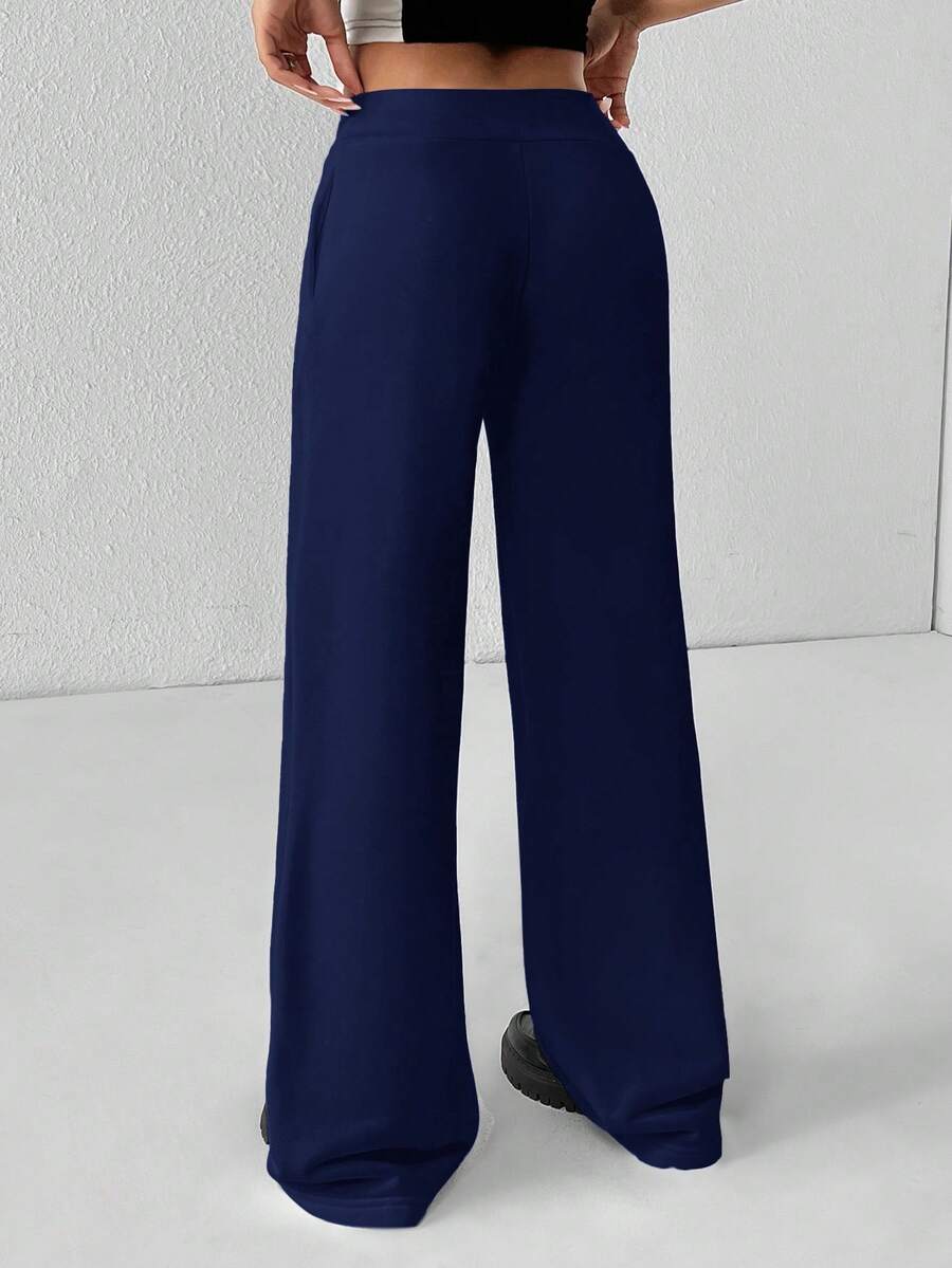 SHEIN PETITE Comfortable And Casual Plain Knitted Low-Rise Wide-Leg Women's Sweatpants Baggy