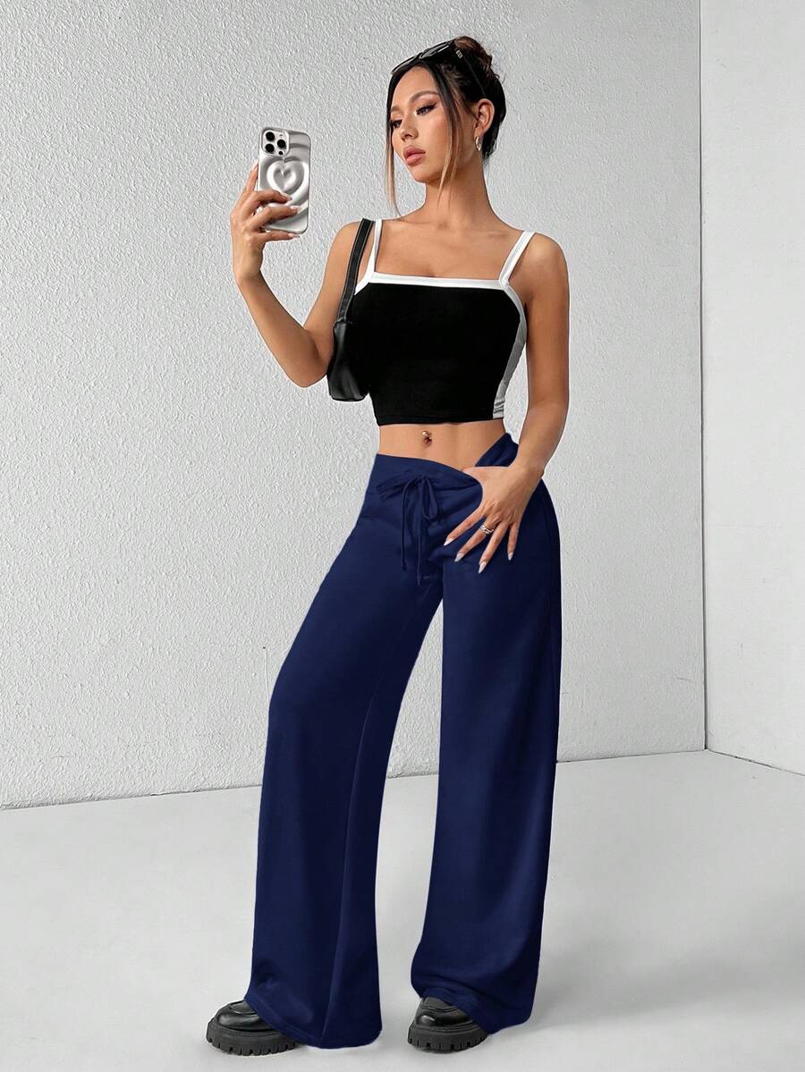 SHEIN PETITE Comfortable And Casual Plain Knitted Low-Rise Wide-Leg Women's Sweatpants Baggy