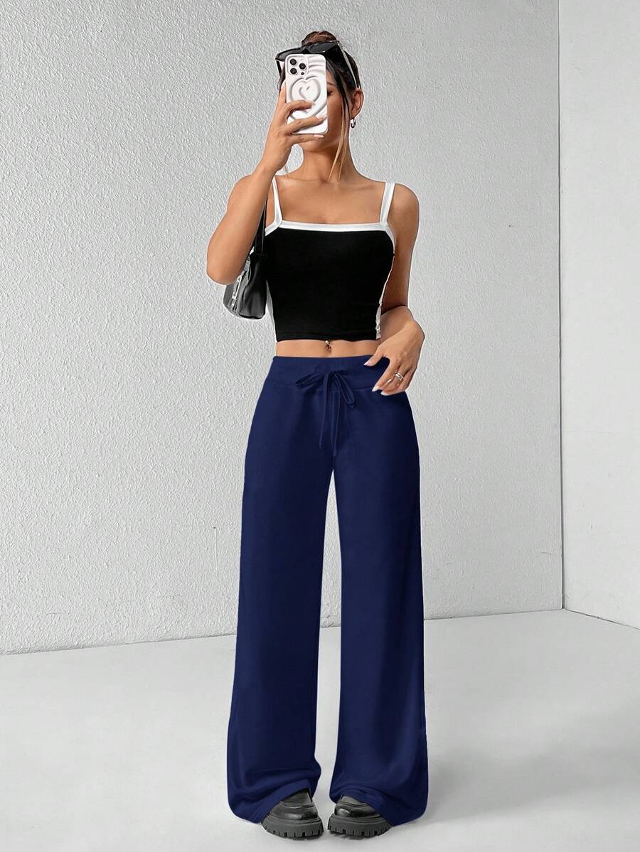 SHEIN PETITE Comfortable And Casual Plain Knitted Low-Rise Wide-Leg Women's Sweatpants Baggy