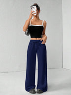 SHEIN PETITE Comfortable And Casual Plain Knitted Low-Rise Wide-Leg Women's Sweatpants Baggy