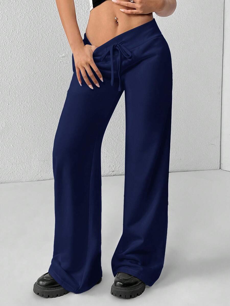 SHEIN PETITE Comfortable And Casual Plain Knitted Low-Rise Wide-Leg Women's Sweatpants Baggy