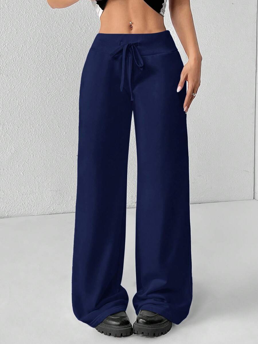 SHEIN PETITE Comfortable And Casual Plain Knitted Low-Rise Wide-Leg Women's Sweatpants Baggy