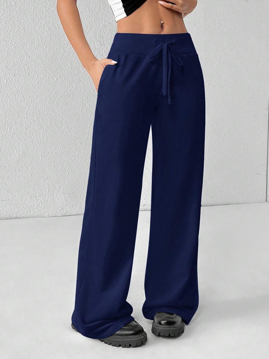 SHEIN PETITE Comfortable And Casual Plain Knitted Low-Rise Wide-Leg Women's Sweatpants Baggy
