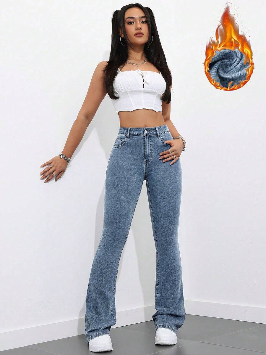 Flexra Women Flared Pocket Casual All-Match Denim Flared Jeans Y2k Bootcut Jeans