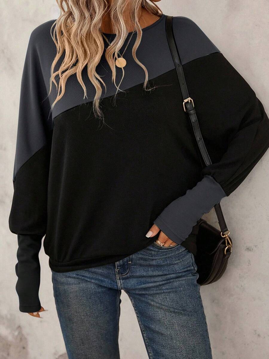 SHEIN LUNE Two Tone Batwing Sleeve Sweatshirt Graduation,Back To School Outfits,Graduation,Teacher Outfits For Women,Back To School In Fall/Winter Women Long Sleeve Tops Winter Tops For Women Pullover For Women Women Sweater Oversized Sweatshirt Woman,Fall,Fall Clothes For Women