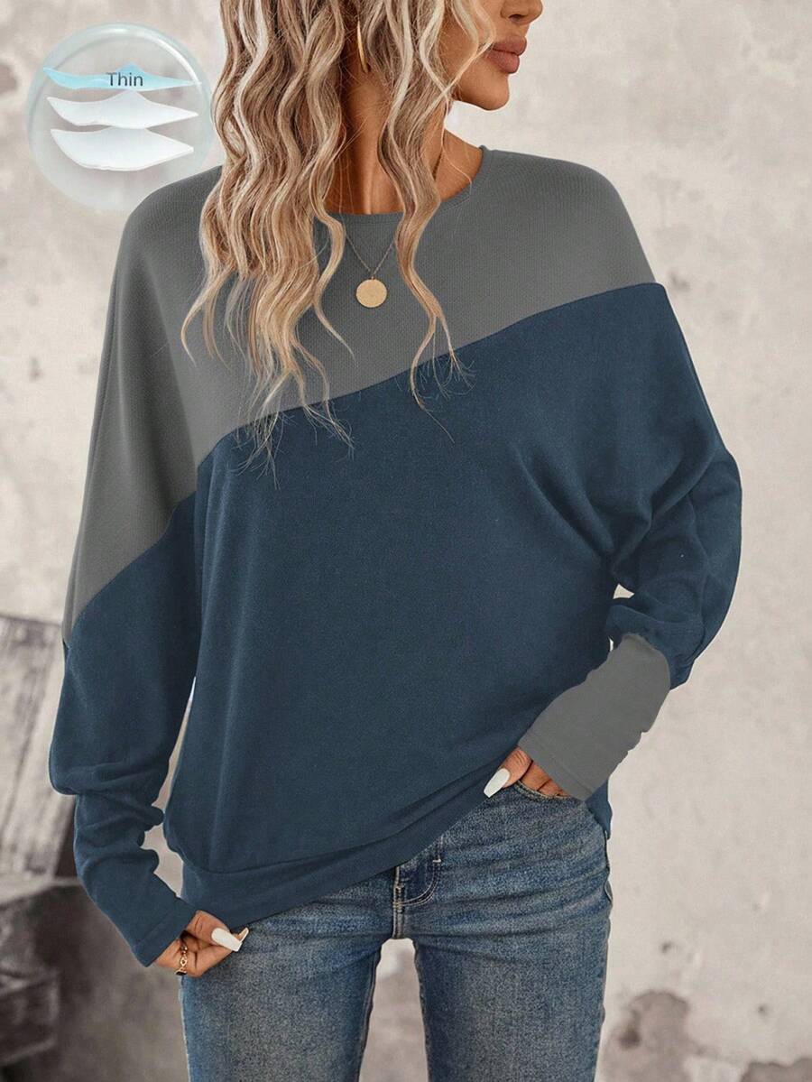 SHEIN LUNE Two Tone Batwing Sleeve Sweatshirt Graduation,Back To School Outfits,Graduation,Teacher Outfits For Women,Back To School In Fall/Winter Women Long Sleeve Tops Winter Tops For Women Pullover For Women Women Sweater Oversized Sweatshirt Woman,Fall,Fall Clothes For Women