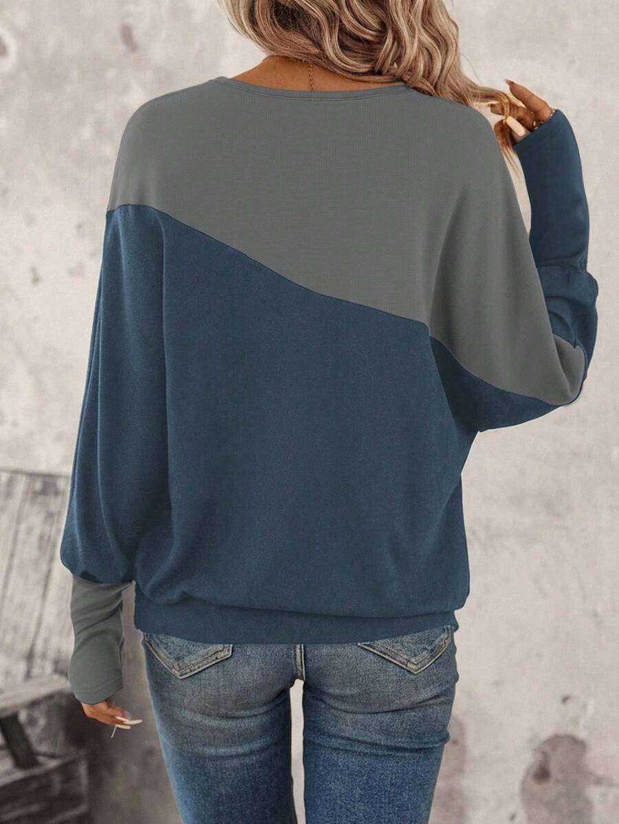 SHEIN LUNE Two Tone Batwing Sleeve Sweatshirt Graduation,Back To School Outfits,Graduation,Teacher Outfits For Women,Back To School In Fall/Winter Women Long Sleeve Tops Winter Tops For Women Pullover For Women Women Sweater Oversized Sweatshirt Woman,Fall,Fall Clothes For Women