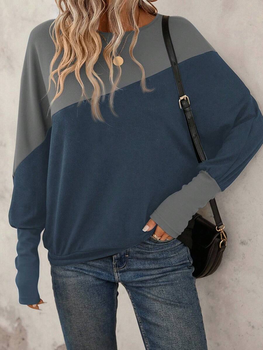 SHEIN LUNE Two Tone Batwing Sleeve Sweatshirt Graduation,Back To School Outfits,Graduation,Teacher Outfits For Women,Back To School In Fall/Winter Women Long Sleeve Tops Winter Tops For Women Pullover For Women Women Sweater Oversized Sweatshirt Woman,Fall,Fall Clothes For Women