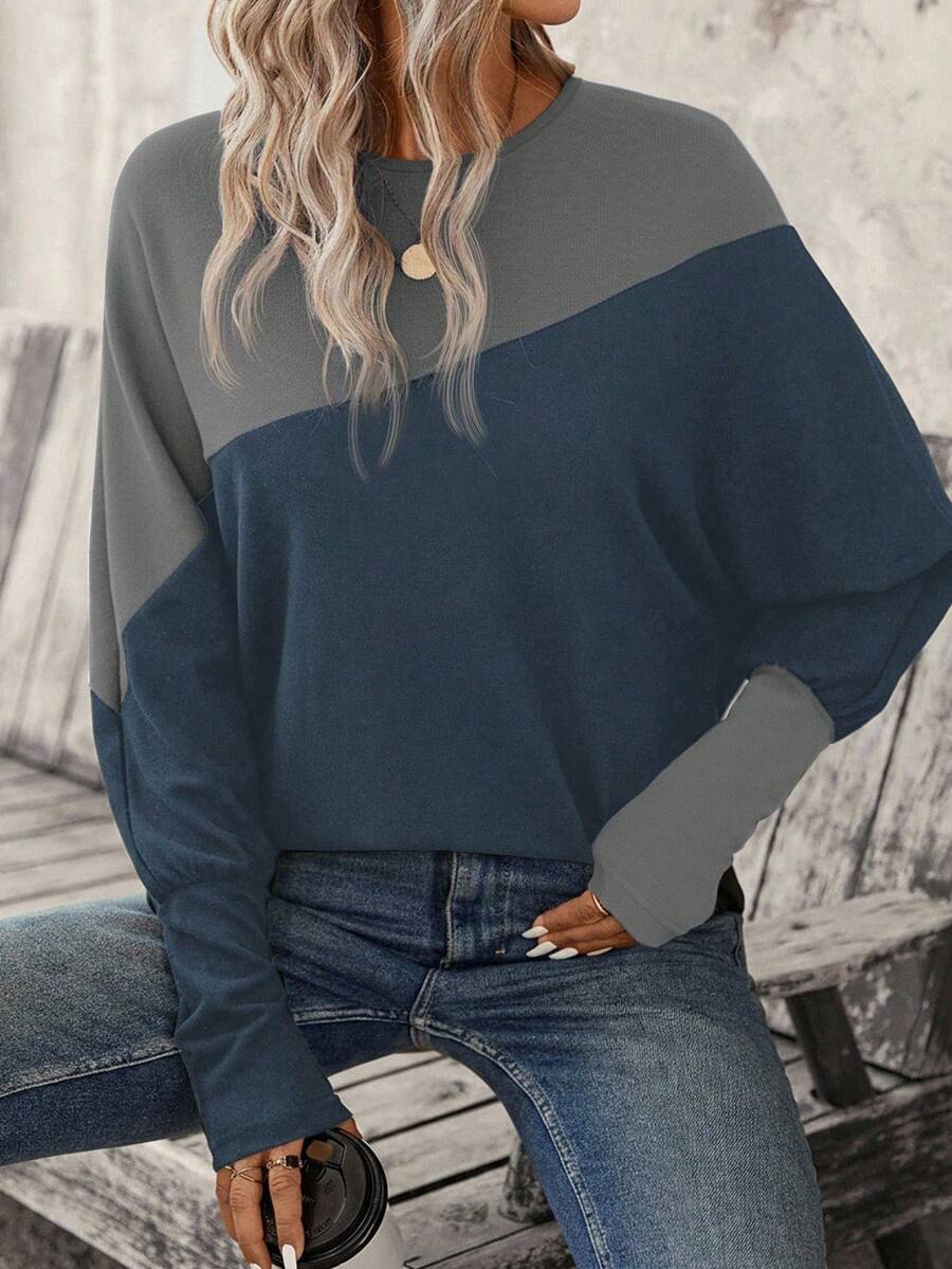 SHEIN LUNE Two Tone Batwing Sleeve Sweatshirt Graduation,Back To School Outfits,Graduation,Teacher Outfits For Women,Back To School In Fall/Winter Women Long Sleeve Tops Winter Tops For Women Pullover For Women Women Sweater Oversized Sweatshirt Woman,Fall,Fall Clothes For Women