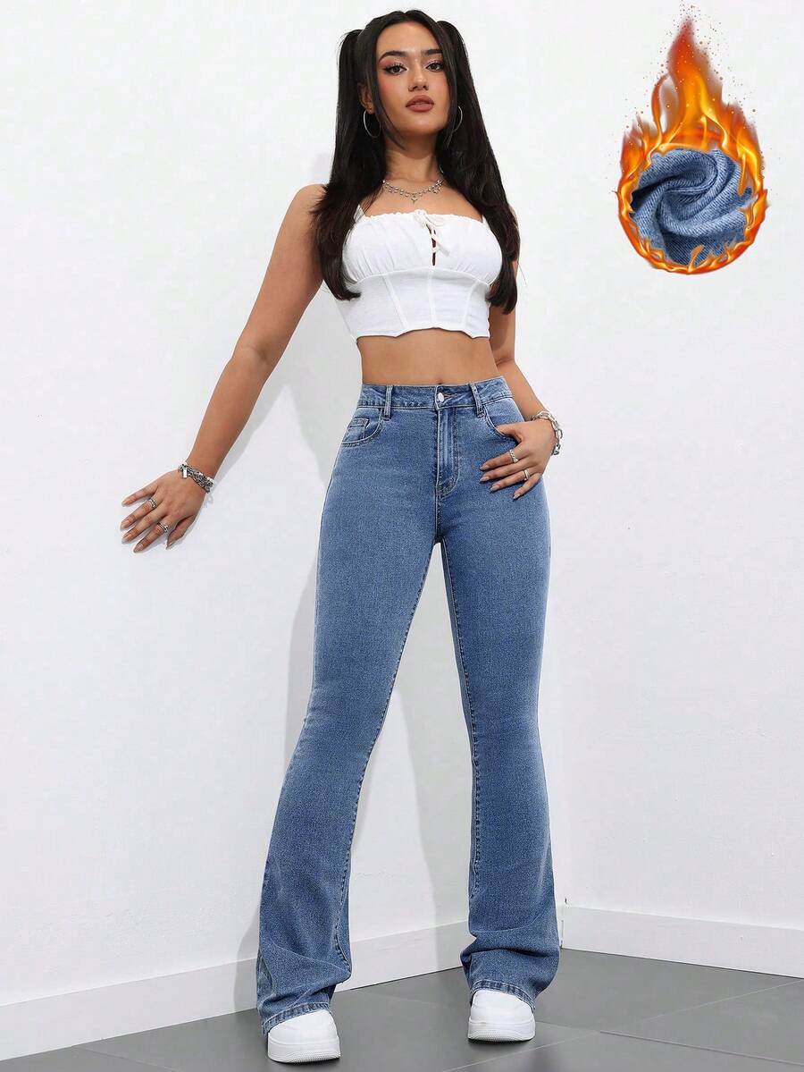 Flexra Women Flared Pocket Casual All-Match Denim Flared Jeans Y2k Bootcut Jeans