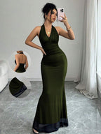 Rafferiza Elegant Bodycon Fishtail Hem V-Neck Waist Pleated Knit Mesh With Rose Red Lining Long Dress For Women, Autumn/Winter Fall Cloth For Women