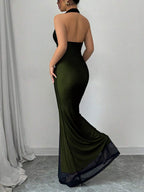 Rafferiza Elegant Bodycon Fishtail Hem V-Neck Waist Pleated Knit Mesh With Rose Red Lining Long Dress For Women, Autumn/Winter Fall Cloth For Women