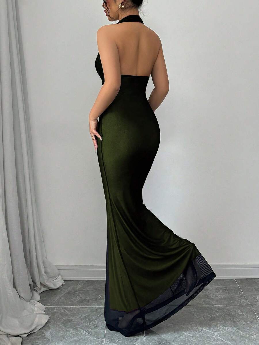 Rafferiza Elegant Bodycon Fishtail Hem V-Neck Waist Pleated Knit Mesh With Rose Red Lining Long Dress For Women, Autumn/Winter Fall Cloth For Women