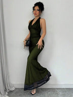 Rafferiza Elegant Bodycon Fishtail Hem V-Neck Waist Pleated Knit Mesh With Rose Red Lining Long Dress For Women, Autumn/Winter Fall Cloth For Women
