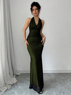 Rafferiza Elegant Bodycon Fishtail Hem V-Neck Waist Pleated Knit Mesh With Rose Red Lining Long Dress For Women, Autumn/Winter Fall Cloth For Women