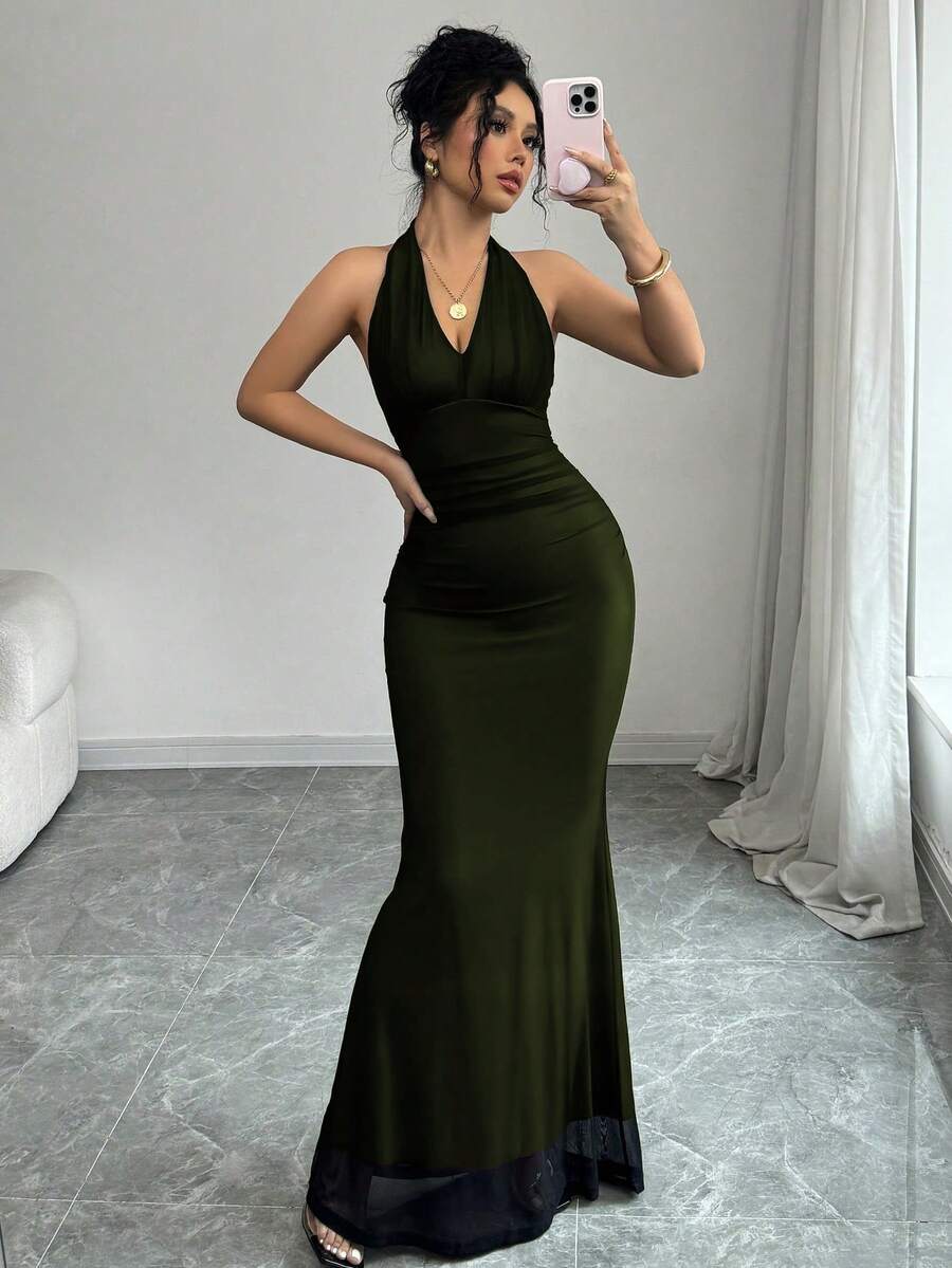 Rafferiza Elegant Bodycon Fishtail Hem V-Neck Waist Pleated Knit Mesh With Rose Red Lining Long Dress For Women, Autumn/Winter Fall Cloth For Women