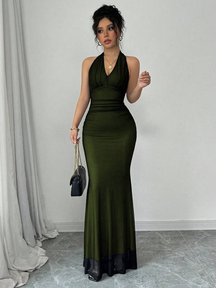 Rafferiza Elegant Bodycon Fishtail Hem V-Neck Waist Pleated Knit Mesh With Rose Red Lining Long Dress For Women, Autumn/Winter Fall Cloth For Women