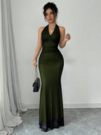 Rafferiza Elegant Bodycon Fishtail Hem V-Neck Waist Pleated Knit Mesh With Rose Red Lining Long Dress For Women, Autumn/Winter Fall Cloth For Women