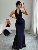 Rafferiza Elegant Bodycon Fishtail Hem V-Neck Waist Pleated Knit Mesh With Rose Red Lining Long Dress For Women, Autumn/Winter Fall Cloth For Women