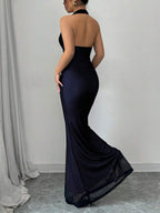Rafferiza Elegant Bodycon Fishtail Hem V-Neck Waist Pleated Knit Mesh With Rose Red Lining Long Dress For Women, Autumn/Winter Fall Cloth For Women