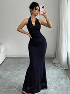 Rafferiza Elegant Bodycon Fishtail Hem V-Neck Waist Pleated Knit Mesh With Rose Red Lining Long Dress For Women, Autumn/Winter Fall Cloth For Women