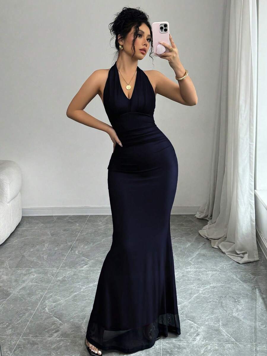 Rafferiza Elegant Bodycon Fishtail Hem V-Neck Waist Pleated Knit Mesh With Rose Red Lining Long Dress For Women, Autumn/Winter Fall Cloth For Women