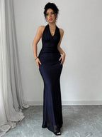 Rafferiza Elegant Bodycon Fishtail Hem V-Neck Waist Pleated Knit Mesh With Rose Red Lining Long Dress For Women, Autumn/Winter Fall Cloth For Women
