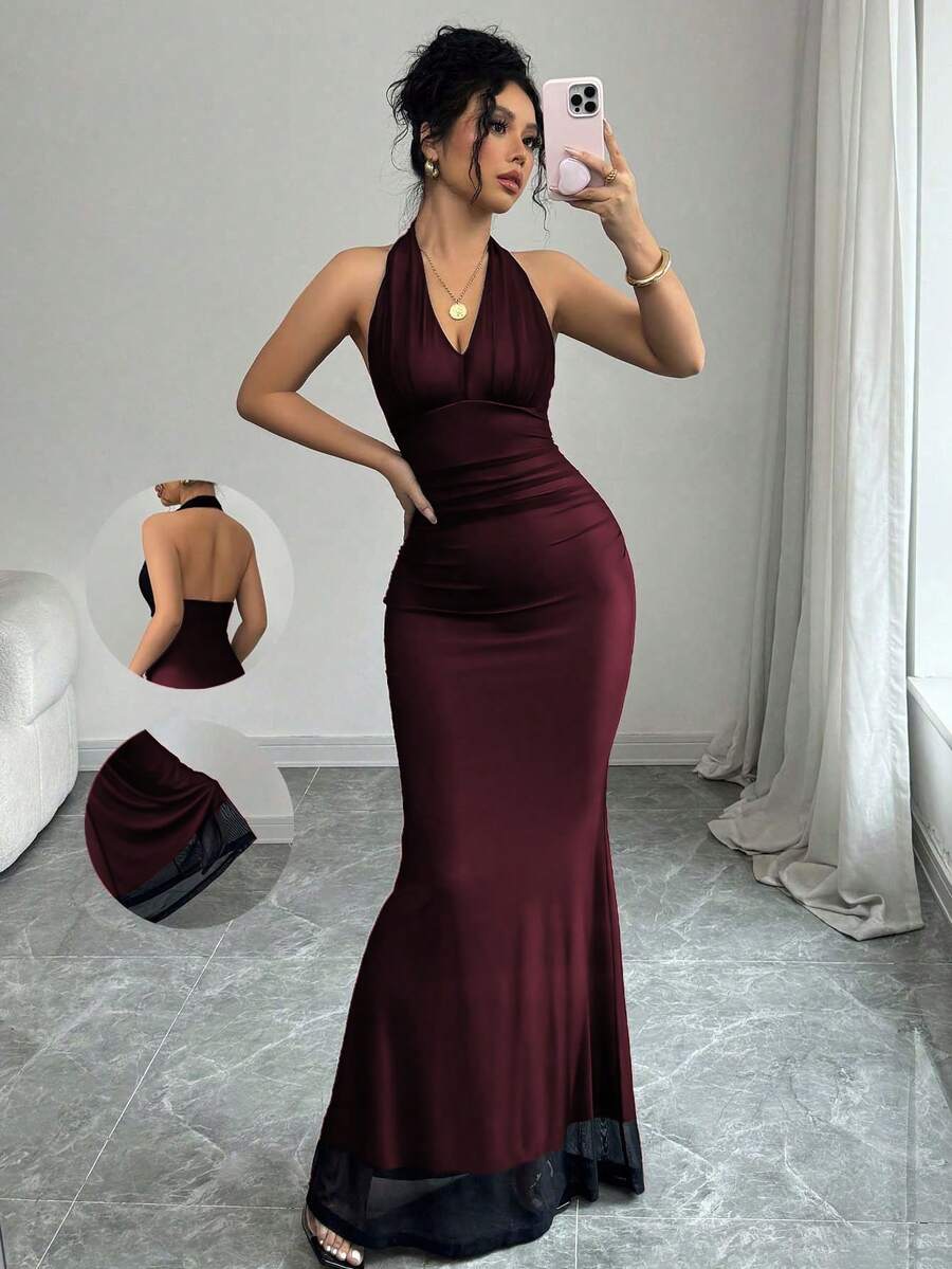Rafferiza Elegant Bodycon Fishtail Hem V-Neck Waist Pleated Knit Mesh With Rose Red Lining Long Dress For Women, Autumn/Winter Fall Cloth For Women