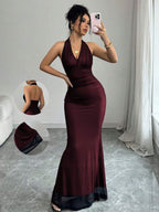 Rafferiza Elegant Bodycon Fishtail Hem V-Neck Waist Pleated Knit Mesh With Rose Red Lining Long Dress For Women, Autumn/Winter Fall Cloth For Women