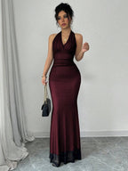 Rafferiza Elegant Bodycon Fishtail Hem V-Neck Waist Pleated Knit Mesh With Rose Red Lining Long Dress For Women, Autumn/Winter Fall Cloth For Women