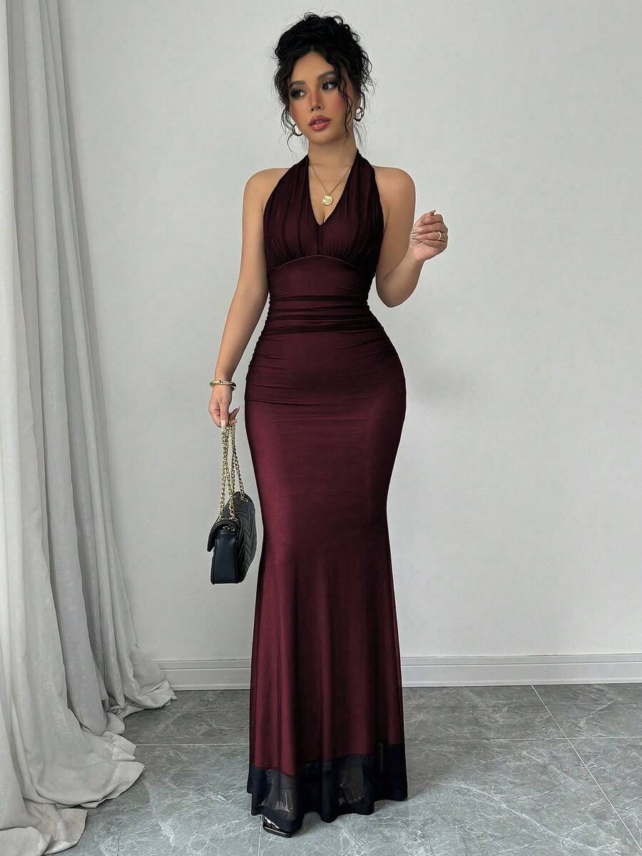 Rafferiza Elegant Bodycon Fishtail Hem V-Neck Waist Pleated Knit Mesh With Rose Red Lining Long Dress For Women, Autumn/Winter Fall Cloth For Women