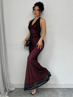 Rafferiza Elegant Bodycon Fishtail Hem V-Neck Waist Pleated Knit Mesh With Rose Red Lining Long Dress For Women, Autumn/Winter Fall Cloth For Women