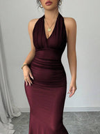 Rafferiza Elegant Bodycon Fishtail Hem V-Neck Waist Pleated Knit Mesh With Rose Red Lining Long Dress For Women, Autumn/Winter Fall Cloth For Women