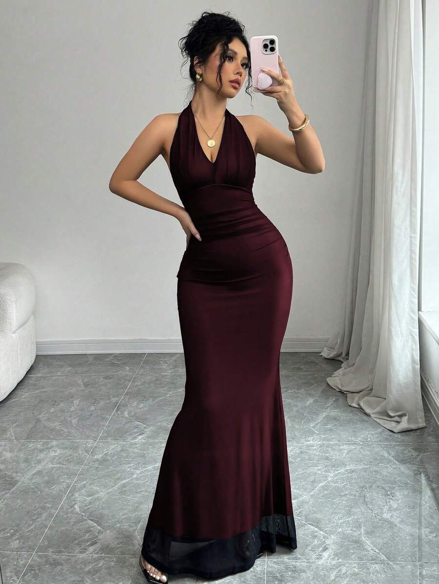 Rafferiza Elegant Bodycon Fishtail Hem V-Neck Waist Pleated Knit Mesh With Rose Red Lining Long Dress For Women, Autumn/Winter Fall Cloth For Women
