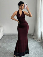 Rafferiza Elegant Bodycon Fishtail Hem V-Neck Waist Pleated Knit Mesh With Rose Red Lining Long Dress For Women, Autumn/Winter Fall Cloth For Women