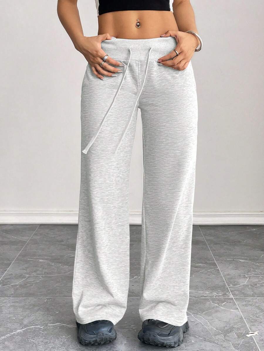 SHEIN PETITE Comfortable And Casual Plain Knitted Low-Rise Wide-Leg Women's Sweatpants Baggy