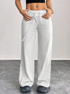 SHEIN PETITE Comfortable And Casual Plain Knitted Low-Rise Wide-Leg Women's Sweatpants Baggy
